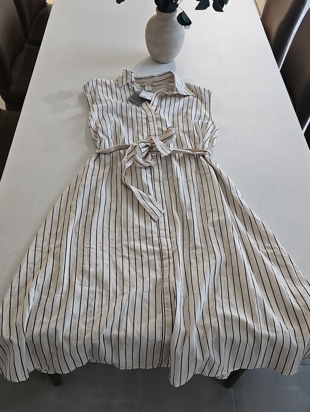 H&M Linen Striped Cream and Black Belted Shirt Dress